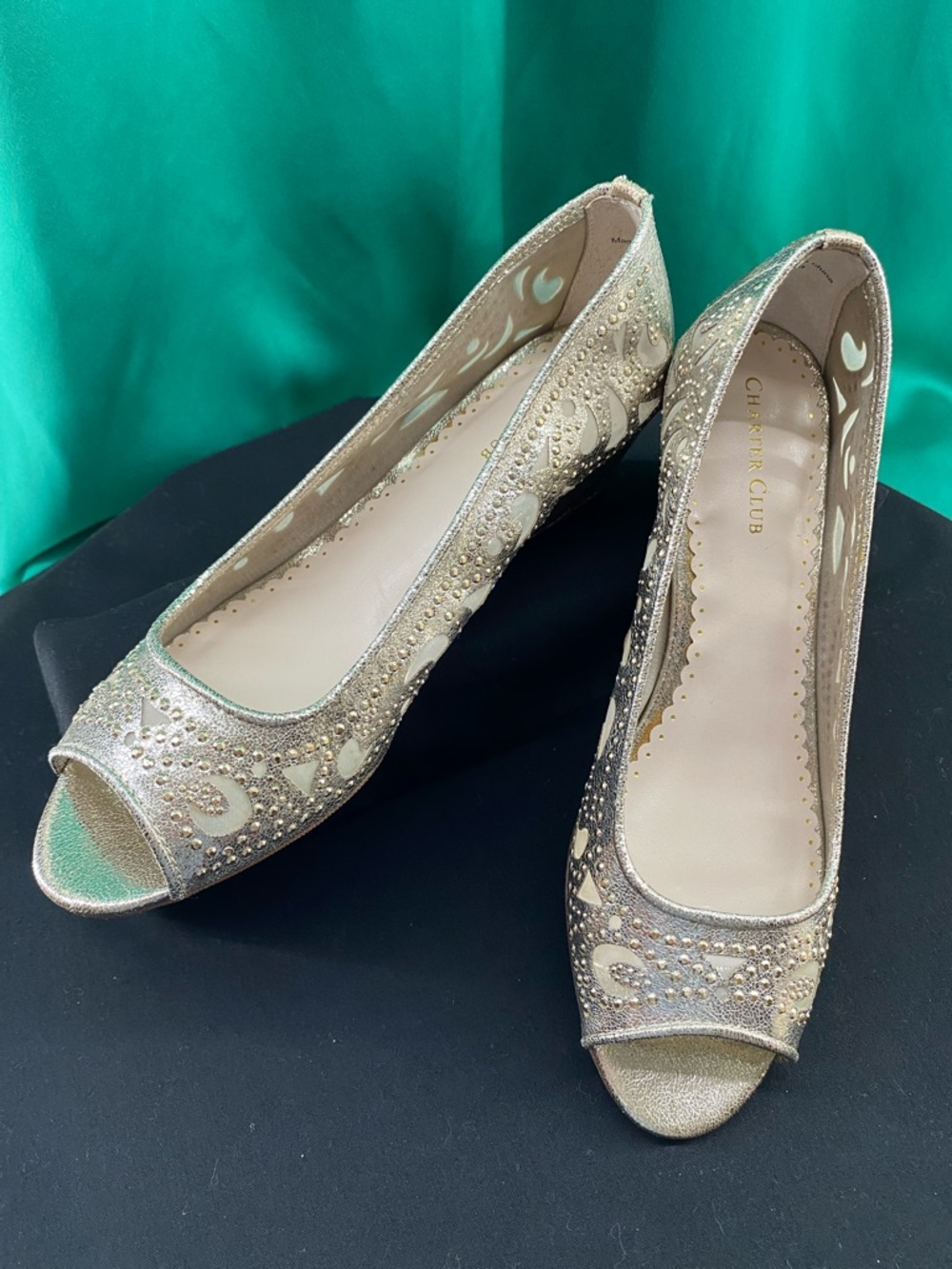 Charter Club Gold Beaded Peep-Toe Wedges